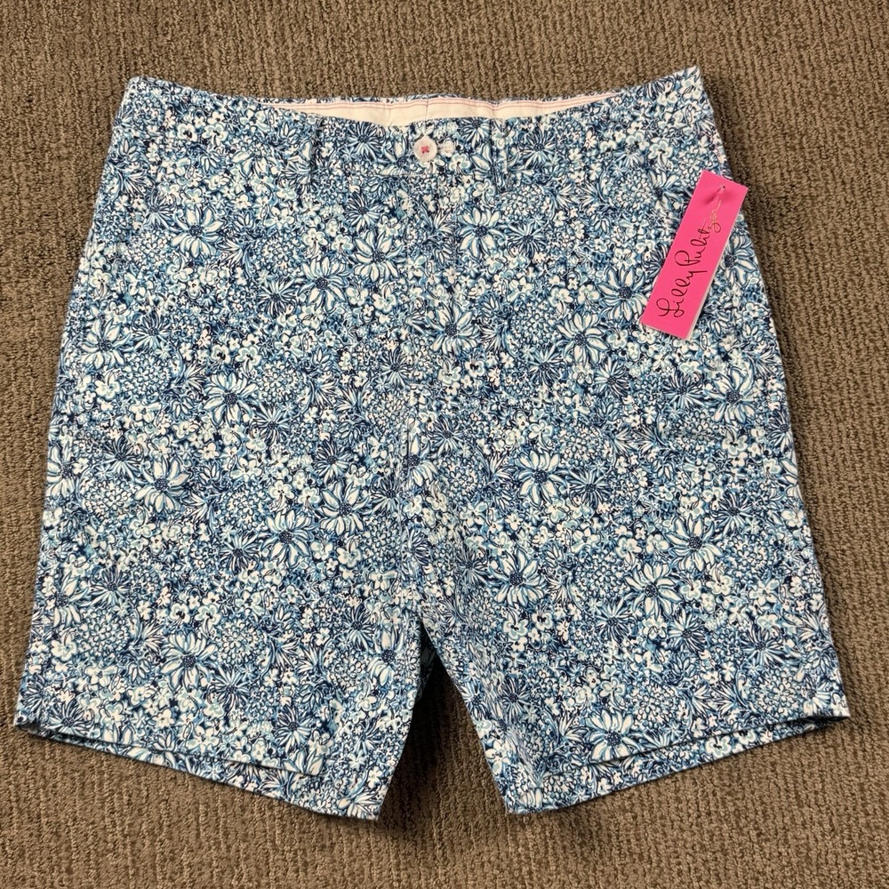 Lily Pulitzer Mens 32R Beaumont Shorts Chino 9" Inseam Stretch Blue Floral